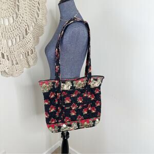 Vera Bradley Vintage Hens And Holly Black and Red Quilted Tote Bag